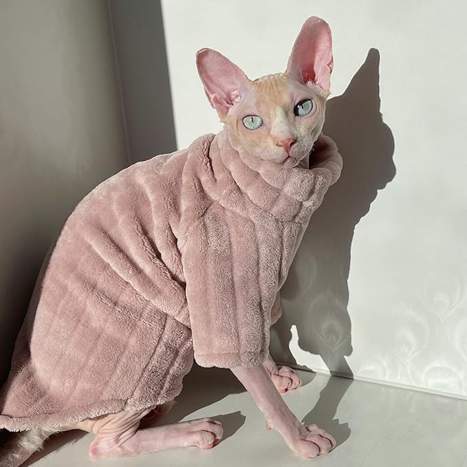 Turtleneck Sweater for Sphynx Cat Soft Coral Fleece Cat Clothes Thick Winter Warm Outfit Coat for Hairless Cats and Small Dogs Apparel with Sleeves (Pink, XL (9-13 lbs))