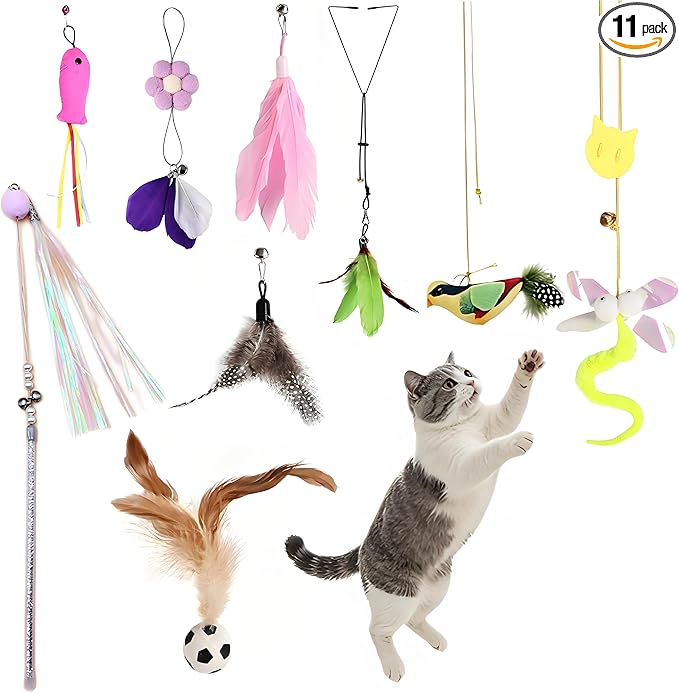 Cat Wand Toys for Indoor Cats to Relieve Boredom - 4-in-1 Interactive Teaser Wand with Realistic Bird Chirping Sound, Bouncy Ball & Feathers for Adult Cats and Kittens