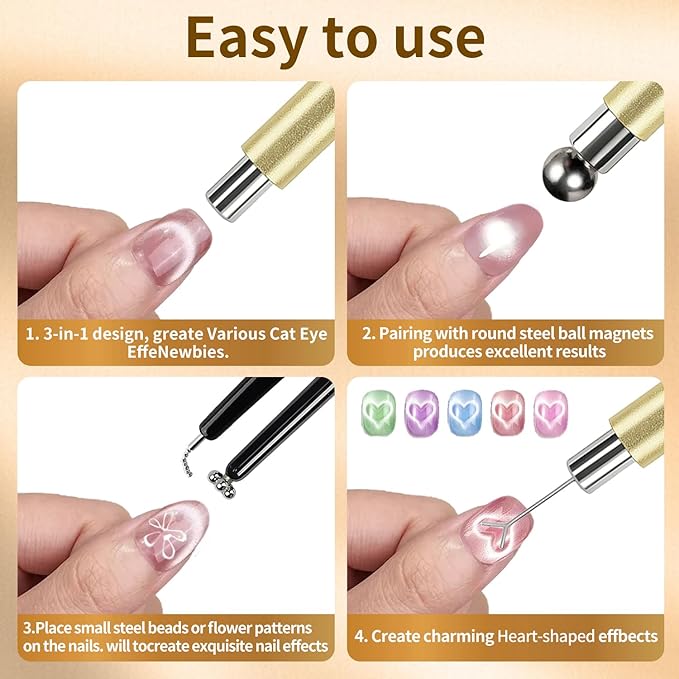 4Pcs Cat Eye Magnet Set – 2 Powerful Double-Ended Nail Magnet Pens & 2 Heart Nail Magnets for Nail Art, Create French, Floral & Heart Effects, Magnet for Cat Eye Gel Nail Polish, Home DIY