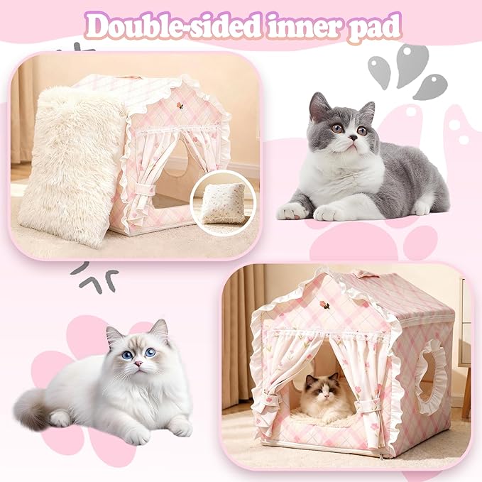 Cat Bed, House for Indoor Cats, Accommodate 11-33 lb Cute Tent Bed with Cover Cave, Breathable, Washable, Foldable Indoor Dog House with Frame, All Season (Pink, S)