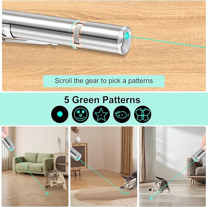 TBTeek Cat Toy, Green Light, with Metal Case, Rechargeable, 7 Patterns, Interactive Cat Toys for Indoor Cats Dog Chase Light for Fun Playing Exercise (2 Pieces)