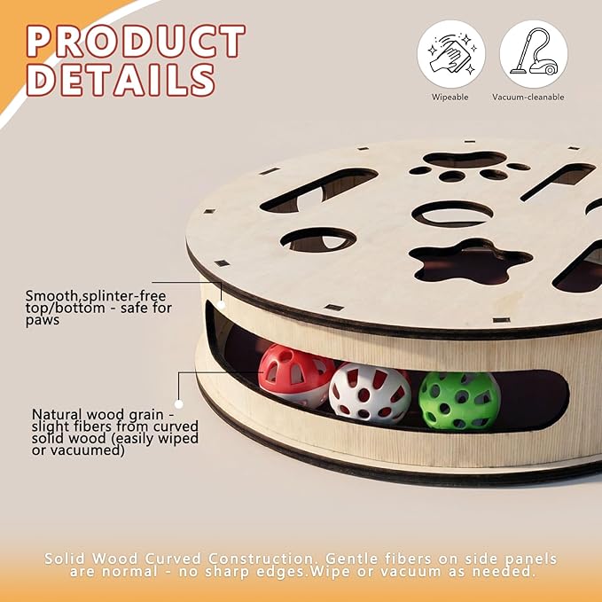 Cylindrical Cat Nail File Box, Wooden Cat Scratch Puzzle Enrichment Box with Sandpaper & 3 Bell Balls, Interactive Cat Scratcher for Nail Trimming, Stress-Free Alternative to Clippers for Indoor Cats