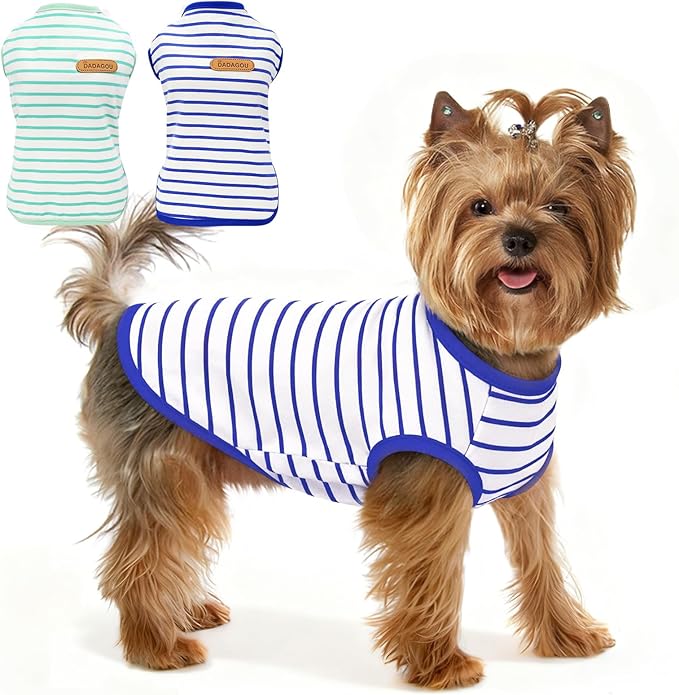 Dog Tee Shirts for Large Dogs 2 Pack, L Dog Sleeveless Striped Vests Dog Pullover T-Shirts Lightweight Puppy Kitten Tank Top Cat Tee for Schnauzer, Blue Green