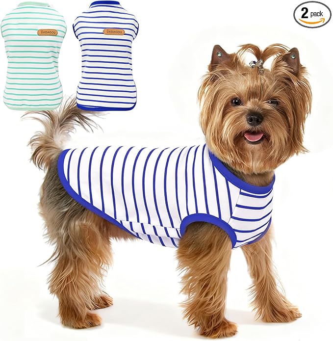 Dog Striped Shirts for Extra Small Dogs 2 Pack, XS Dog Sleeveless Striped Vests Dog Pullover T-Shirts Lightweight Puppy Kitten Tank Top Cat Tee for Chihuahua, Bluegreen-XS