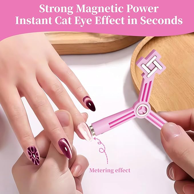 4 in 1 Nail Magnet, Cat Eye Gel Nail Polish Magnet for Nails, Compact Magnetic Nail Tool for French, Star & Cat Eye Designs, Strong Magnet Easy to Control for DIY Home & Nail Salon (HJ-NAT295-Pink)