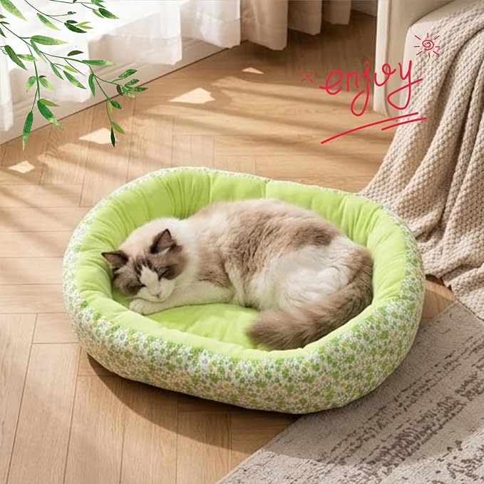 Floral Print Cat Beds for Indoor Cats Cozy Plush Fabric, Supportive Raised Sides, Non-Slip Bottom Washable Mat for Small Medium Pet Puppy Dog (Green,Medium)