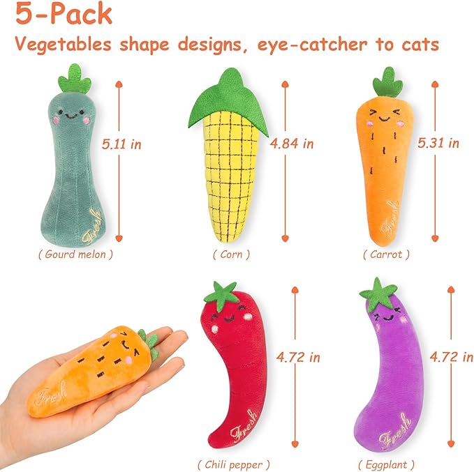 ETEKYER Catnip Cat Toys, 5 Pack, Plush Catnip Toys for Indoor Cats Kitty, Interactive Cat Nip Kitten Kicker Chew Safe Teeth Cleaning Toys, Fun Carrot Vegetable Shape