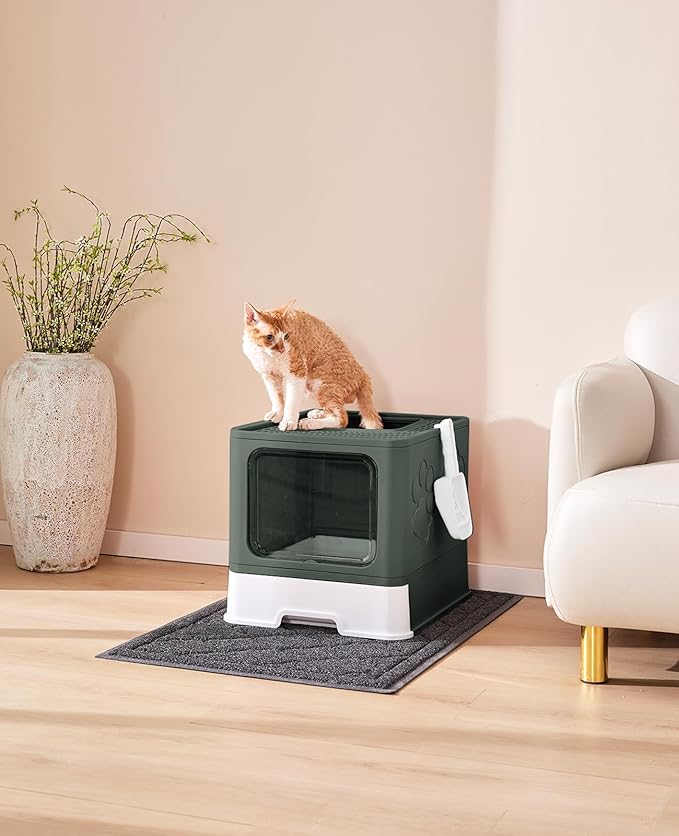 Medario Cat Litter Box with X-Large Litter Mat and Scoop, Large Covered Litter Box with Lid, Enclosed Kitty Box,Front Top Entry Exit, Odor Control Easy to Clean (Upgrade Olive Green)
