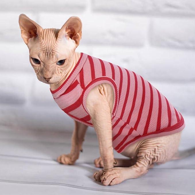 Sphynx Cat Clothes, Breathable Hairless Cat Shirts, Stripe Kitten T-Shirts Sleeveless, Pullover Cat Sweaters, Pet Summer Apparel for Sphynx, Cornish Rex, Devon Rex, Peterbald, Small Dogs