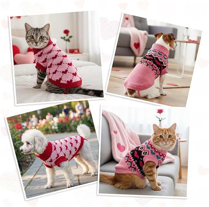 2PCS Valentine’s Day Cat Sweaters Heart-to-Heart Pattern Knitted Clothes Love-Themed Pink Geometric Stripe Dog Knitwear Festival Puppy Outfits for Puppies Kittens XXS
