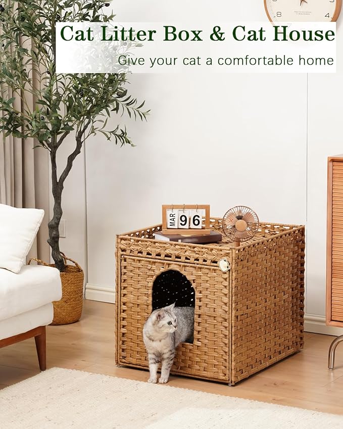 SETVSON Cat Litter Box Enclosure Furniture, Large Hidden Litter Box Furniture, Handwoven Rattan Cat House Cabinet, One Mat, Two S-Shaped Hooks, Living Room, Apartment 21.6 X 26 X 21.6 Inches, Natural