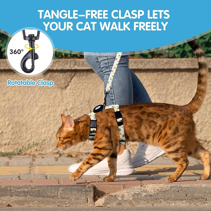 BINGPET Cat Harness with Airtag Holder, Cat Harness and Leash Set Escape Proof for Walking Travel Outdoor, Soft Adjustable Kitten Harnesses for Small Medium Large Cats, Cute Bee(Chest:12.5"-18")