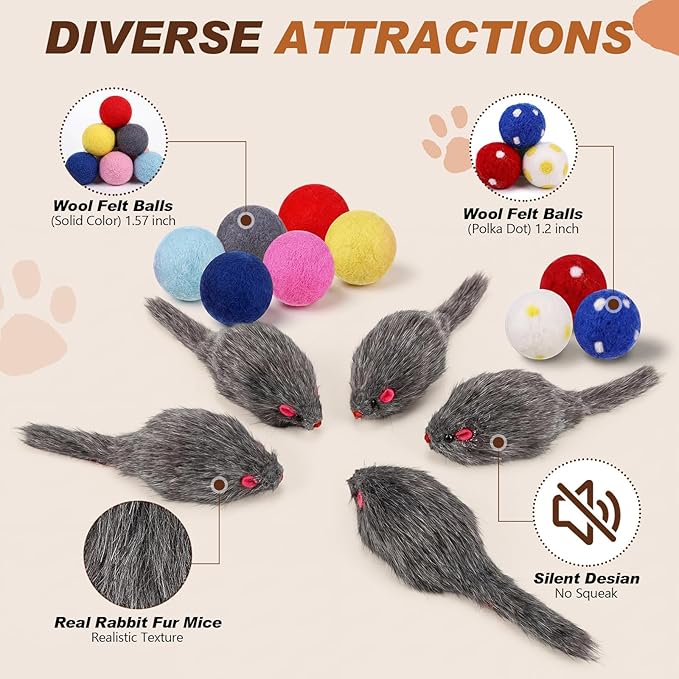 Outus 15 Pcs Toys for Cats Kittens Bulk with 6 Furry Cat Mice Interactive Catch Play 9 Wool Pom Toy Ball Fur Mouse Soft Quiet Fabric Kitty Balls for Indoor Yard House Patio, No Catnip