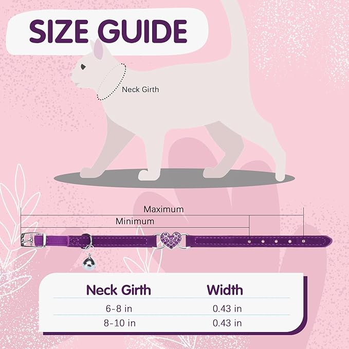 BINGPET Diamond Cat Collar,Adjustable Soft Velvet Leather Safe Kitten Collar with Crystal Heart Charm and Bells,Girl Boy Bling Stylish Cat Collars with Safety Elastic (Purple, Neck Girth 8"-10")