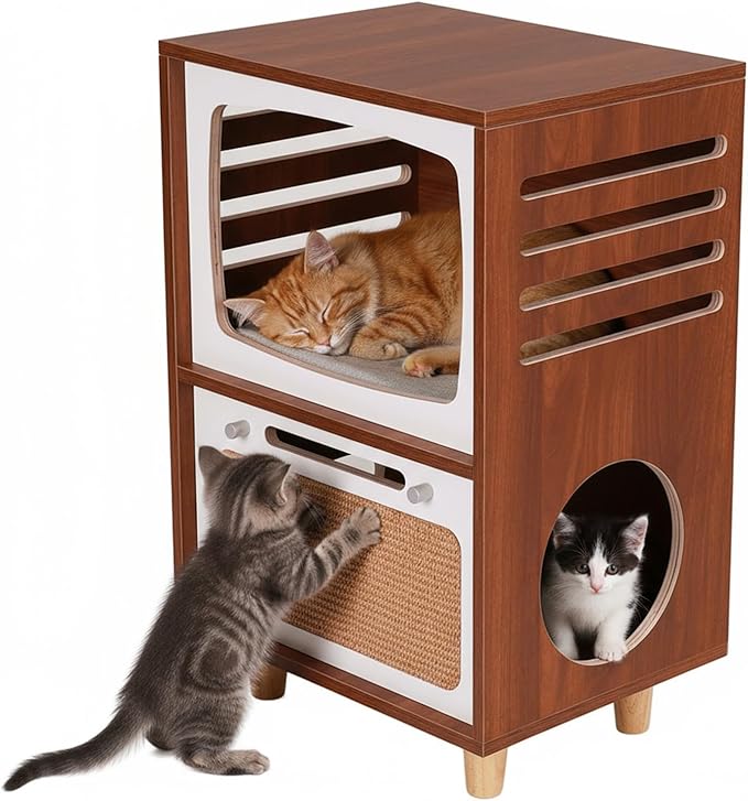 2-Tier Hidden Cat Litter Box Furniture with Scratching Board,Cat Houses for Indoor Cats,Cats Litter Box Furniture,Vintage TV Shaped Cat Furniture, Wooden Cat House, Side Table for Living Room