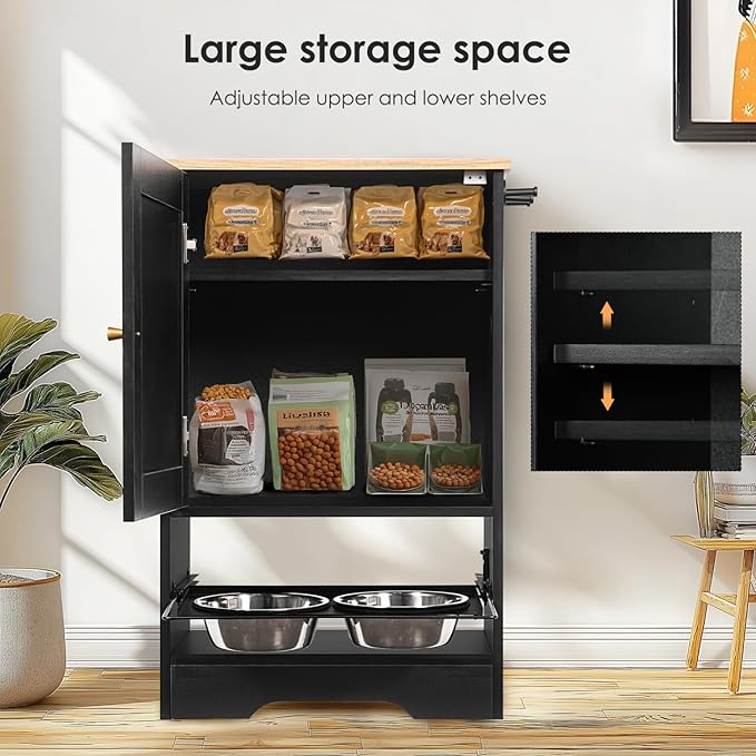 Feeding Station with 1 Storage Cabinets, Pet Feeding Station with 2 Elevated Dog Bowls, Side Hooks, tip-Resistant Kit, Hidden Pet Feeder Station for Feeding & Watering, Black