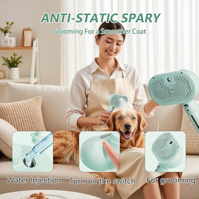 Pet Steam Brush for Dog and Cat，3 in 1 Spray Hair Removal Comb，Steam for Shedding & Grooming，Water Brush for Long and Short Haired Pets Remove Tangled Loose Hairs (Green)