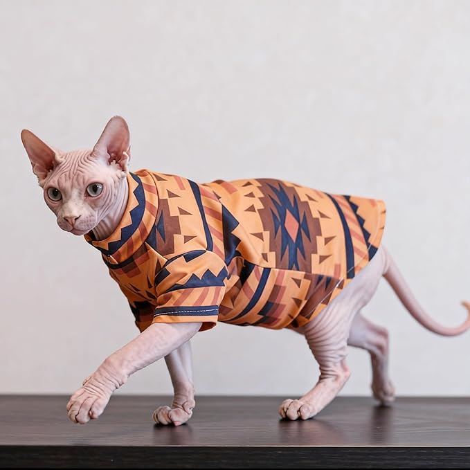 Sphynx Cat Clothes for Cats Only, Graphics Printed Hairless Sphinx Clothes T-Shirts Sweatshirt with Sleeves, Soft Kitten Shirt Pet Apparel Devon Rex,Cornish Rex,Peterbald,Orange,S