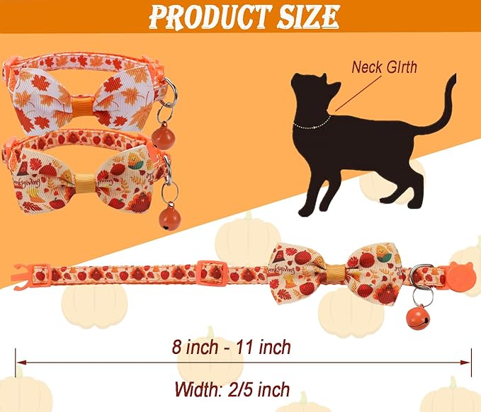 2 Pack Fall Cat Bowtie Collar with Bell, Thanksgivng Holiday Kitty Kitten Collars for Boys Girls Males Female Cats