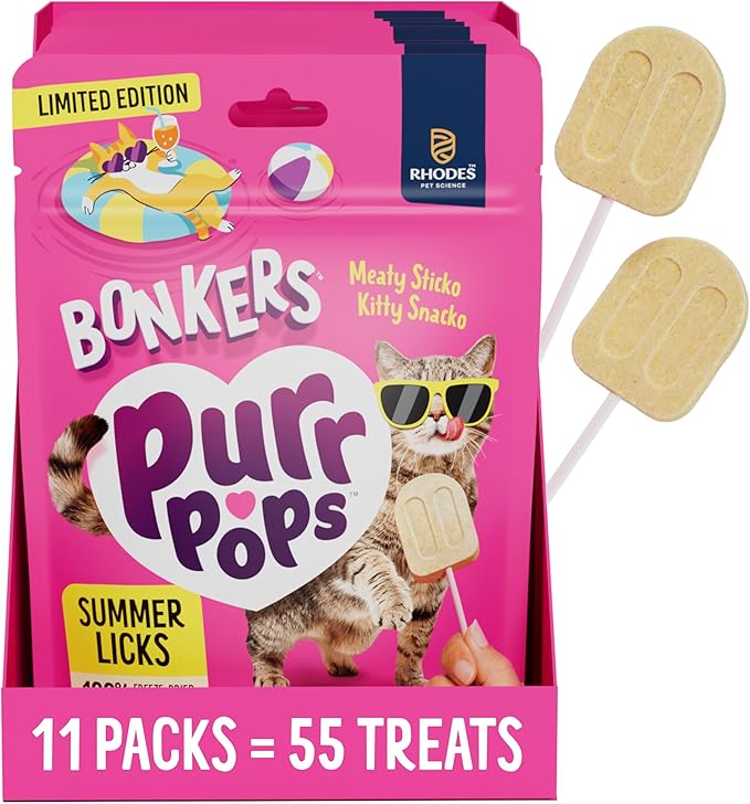 Bonkers Purrpops, Summer Edition Freeze Dried Chicken Flavored Lollipop Cat Treats, 55 Pieces (11 Packs)