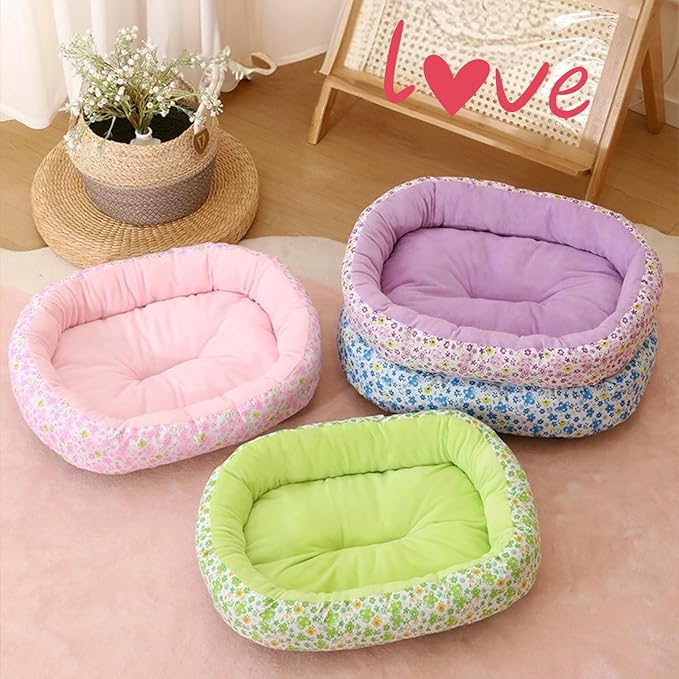 Floral Print Cat Beds for Indoor Cats Cozy Plush Fabric, Supportive Raised Sides, Non-Slip Bottom Washable Mat for Small Medium Pet Puppy Dog (Pink,Large)