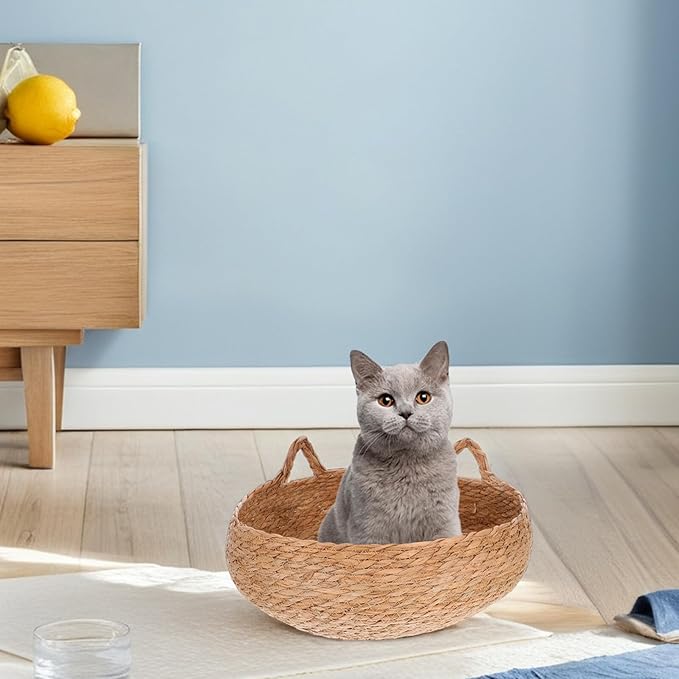 ORFOFE Small Pet Bed Woven Cat Nest with Straw Material Round Handwoven Cat Basket Bed for Indoor Use and Small Dogs Breathable