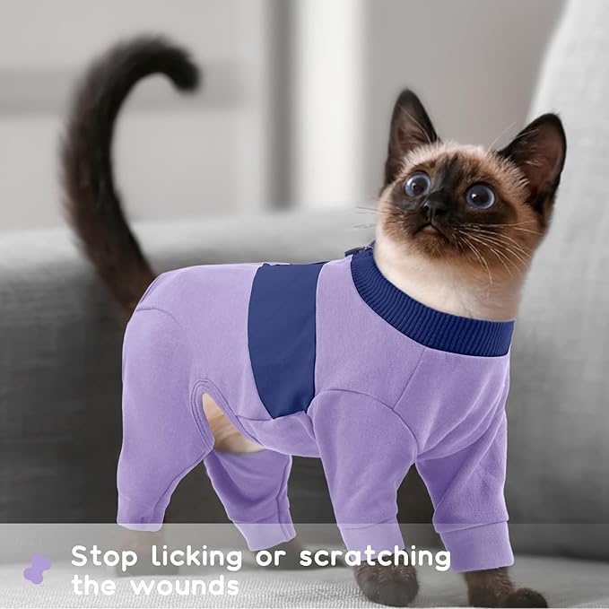 QBLEEV Cat Clothes, Soft Cat Sweaters for Cats Only, Kitten Surgery Recovery Suit Onesie Pajamas, Four Legs Cats Shirts Apparel Clothing for Hair Loss Prevention, Purple, L