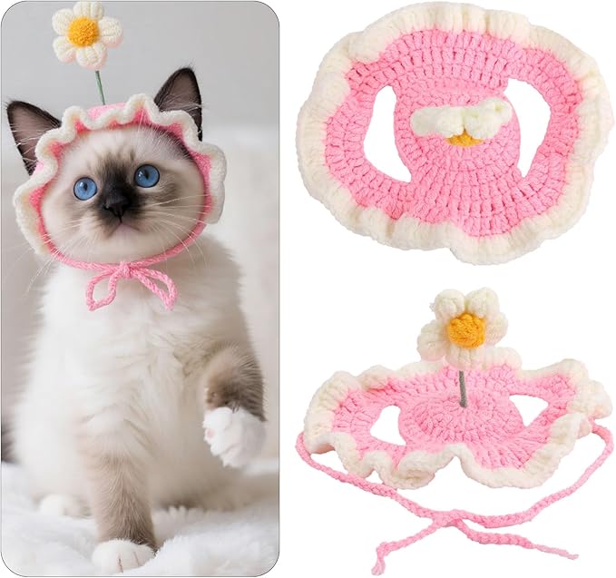 Cat Hat, Cute Flower Crochet Cat Hat Knitted Costume Headwear for Kitten Dog Puppy Pet Halloween Christmas Small Knit Cap Clothes Decoration (Pink)