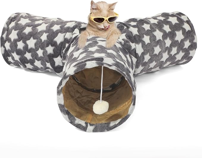 Cat Tunnel Toy- 3 Way-Shaped, Gray Star Pattern, Soft Velvet Exterior, Oxford Fabric Fog-Proof Interior, Plush Toy Ball, Easily Washable, Conveniently Foldable