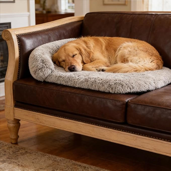 Orthopedic Dog Bed with Egg-Crate Base, Calming Dog Beds Fluffy Plush Faux Fur with Raised Edges, Spine Friendly Pet Sleeping Mat for Medium Large Dogs, Easy Wash (Oval, Marble Grey 32"x24")