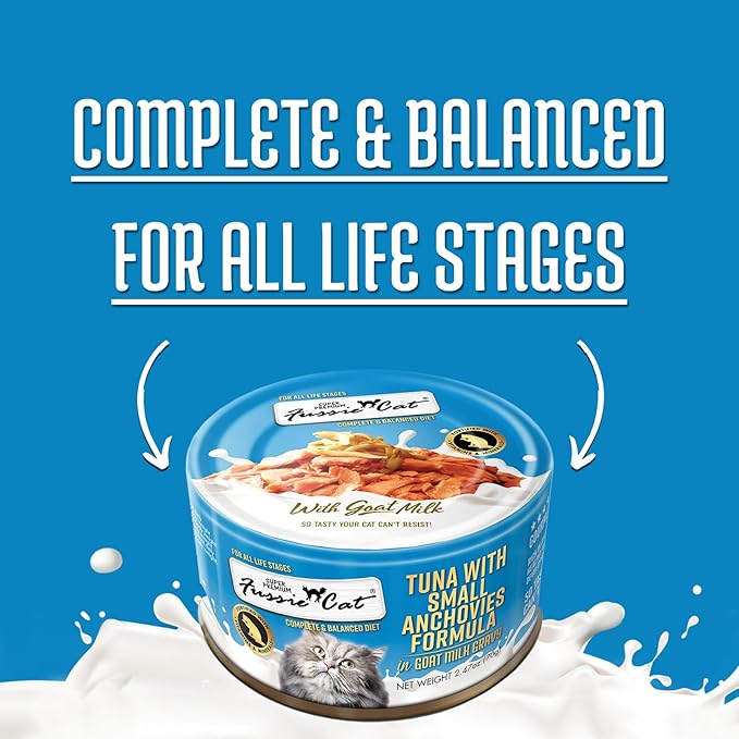 Fussie Cat Super Premium Canned Wet Cat Food in Goat Milk Gravy -2.47 oz Cans - Case of 24 (Tuna & Small Anchovies)