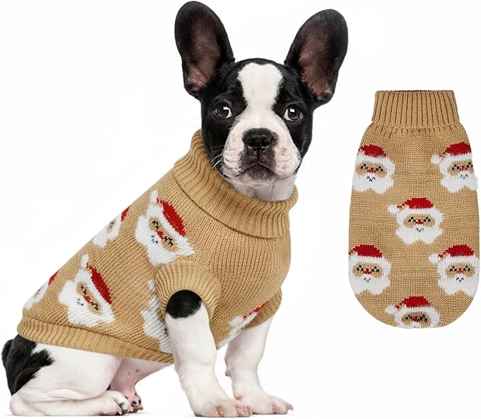 Dog Sweater Knitted for Small to Large Dogs Boy Girl, Classic Turtleneck Dog Christmas Sweaters, Warm & Soft Santa Claus Pet Clothes for Winter (Brown, XS)