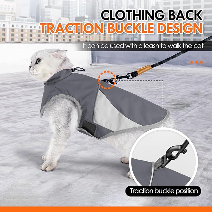 ETIAL Reflective Cat Winter Jacket, Adjustable Cold Weather Cat Clothes Outfit Apparel with Traction Buckle, Windproof Waterproof Warm Cat Vest for Walking Hiking (Grey,M)
