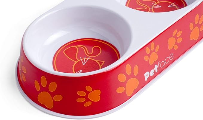 Petface Melamine Double Cat Food and Water Bowl, Orange, Red