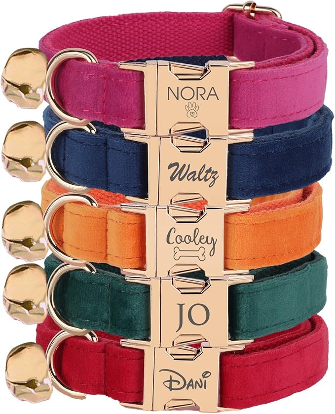 Personalized Cat Collar with Bell, Engraved Text and Icon, Matching Bow Tie Option, Fancy Velvet Pet Collar with Metal Buckle, Options, Custom Gift for Kitten
