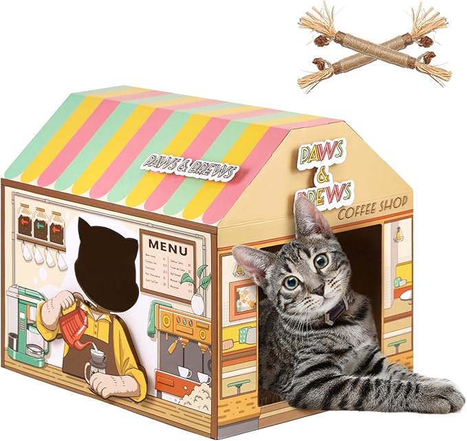 SEKAM Cardboard Cat House with Scratcher/Catnip, (16.5''x12''x15'') Kitty Coffee Shop for Indoor/Outdoor Cats, Cat Play House&Home Decor, Cat Scratch Toy for Birthday, Hideout for Bunny Small Animals