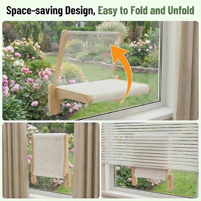 Cat Window Perch with Bird Feeder – Upgraded Bird Watching Solution for Indoor Cats, Foldable Cat Hammock Seat with Strong Suction Cups, Relieves Boredom & Stimulates Natural Instincts (Nature)