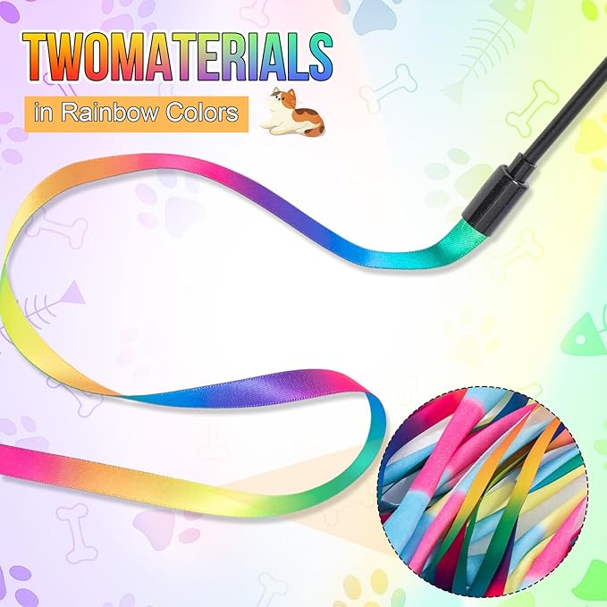 Leitee 30 Pcs Colorful Cat Wand Toys Interactive Rainbow Ribbon Fabric Teaser Wand String for Indoor Cats and Kitten Exercise Playing