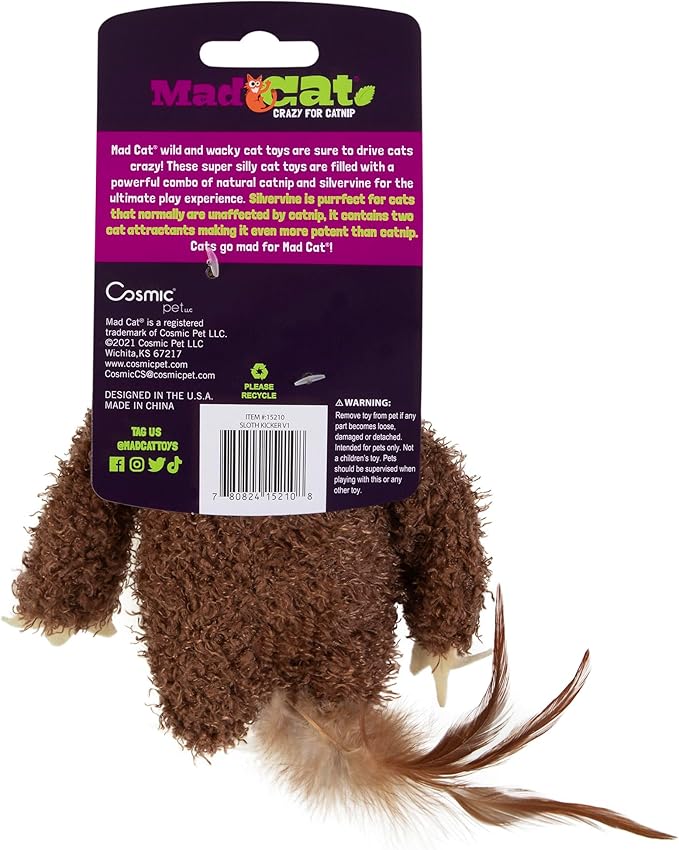 Mad Cat Sloth Kicker Crinkle Cat Toy with Catnip & Silvervine, Pack of 1, Brown