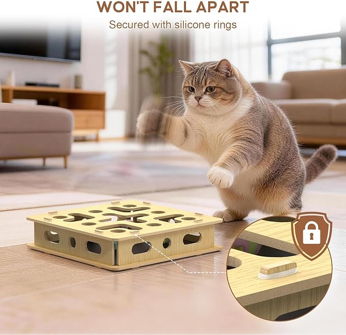 EIODEAR Cat Nail File Scratcher Box with 3 Sandpaper Pads & 4 Bell Balls, Sturdy Wood Cat Nail Scratcher to File Nails, Cat Toy Filer Toy for Treat-Motivated Cats, Included Silicone Security Rings