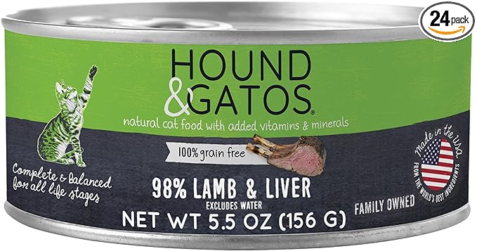 Hound & Gatos Lamb Wet Cat Food, Single Protein, 98% Real Meat Formula, Grain Free Limited Ingredient Cat Food, 5.5 oz Cans (Pack of 24)