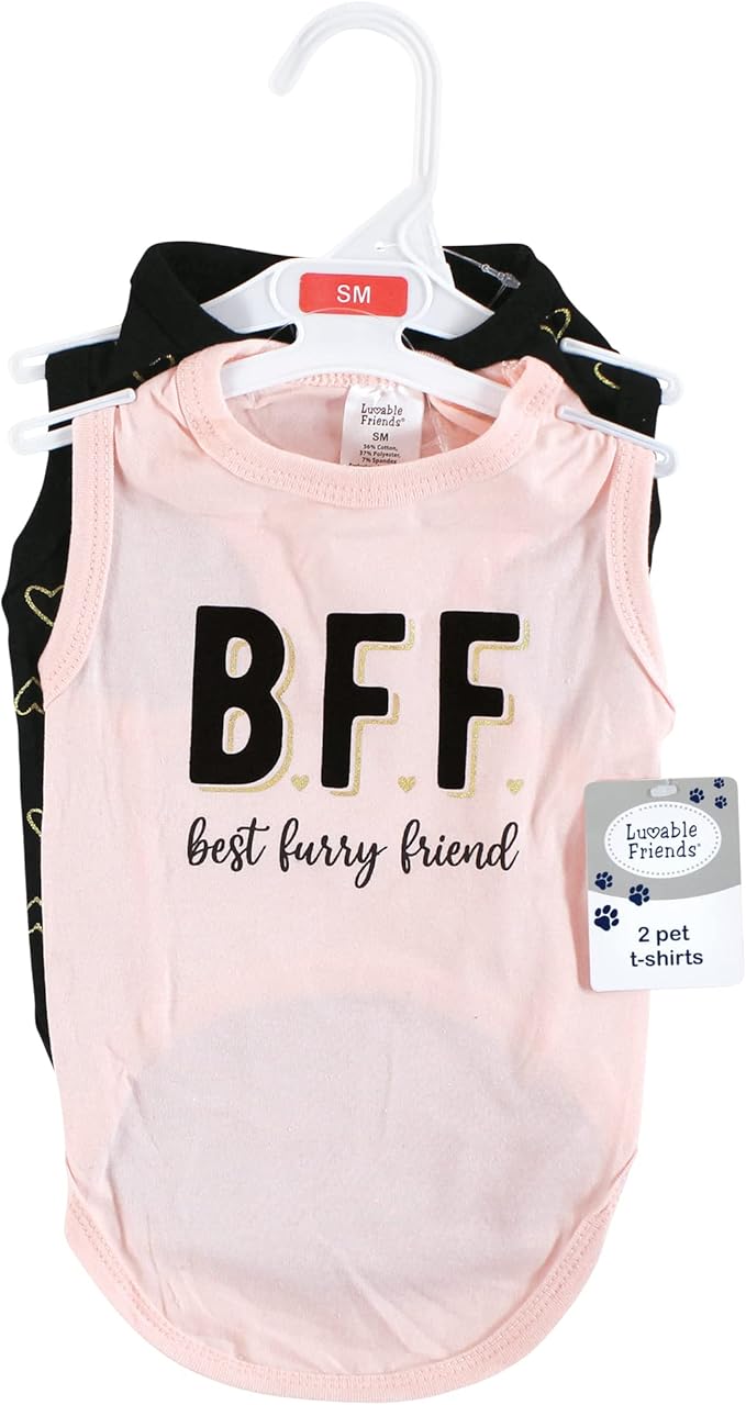Luvable Friends Dog Pet Dog and Cats Cotton T-Shirts 2pk, BFF Hearts, Medium