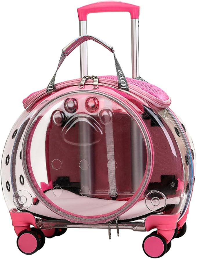 Rolling Cat Carrier,Clear Cat Carrier with Wheels,Pet Trolley Case Pet Backpack for Kitty Small Dog Sturdy and Breathable Design Portable Cats Dogs Backpack for Travel/Taking a Walk Pink