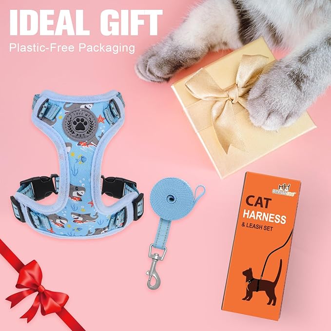 BEAUTYZOO Cat Harness, Escape Proof Cat Leash and Harness Set for Walking, Soft Breathable Vest Harness with Neck Adjustable, Reflective Easy-Control Kitten Harness for Cats,Shark-Blue S