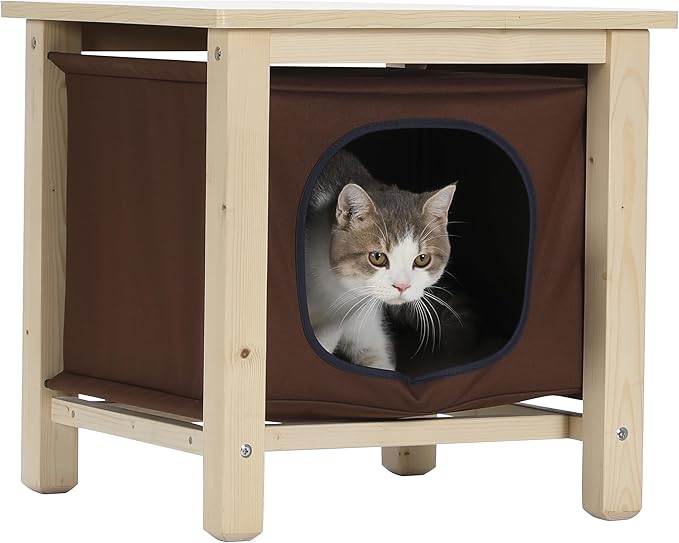 Petsfit Modern Indoor Cat House Furniture for Cats, Nightstand-Style Pet Bed with Removable Oxford Cloth Cover, Hanging Cat Cave with Thickened Top for Living Room/Bedroom Wooden Brown