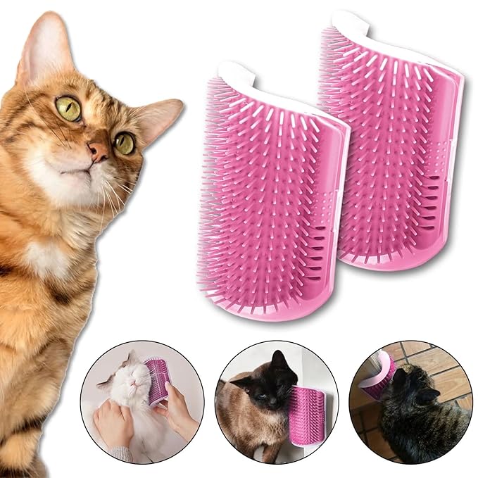 Cat Self Groomer – Wall Corner Grooming Brushes for Cats and Small Pets – Soft Massage Brush for Shedding Control and Face Rubbing (Pink)