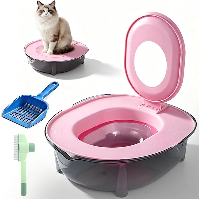Cat Potty Training Kit for Indoor Cats, Portable Cat Toilet with Raised Anti-Splash Edge, Easy Clean Thickened PP Litter Box for Small and Medium Cats (Pink)