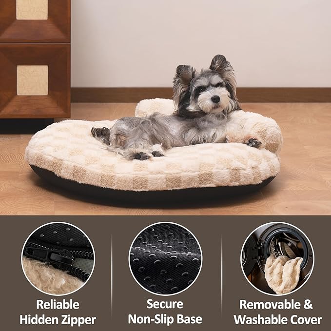 Orthopedic Dog Bed for Medium Small Dogs and Cats Calming Pillow Pet Couch Sofa Puppy Bed with Removable Washable Cover Oval 3D Checkered Plush Pet Furniture 30x25x7 Indoor Beige