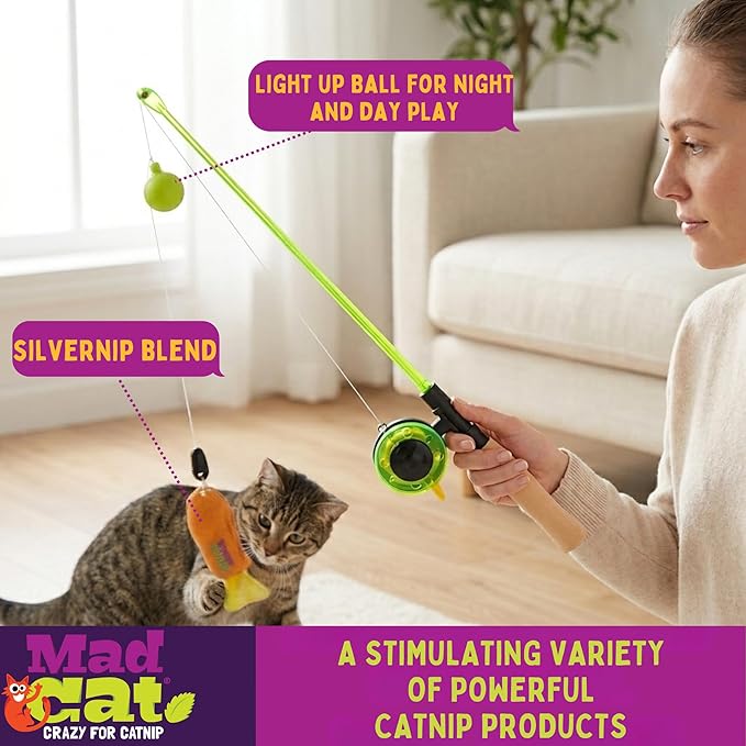 Mad Cat Go Fish Light Up Wand Teaser Cat Toy with Catnip & Silvervine Pack of 1 | Interactive Light-Up Fishing Wand for Chasing, Jumping & Exercise