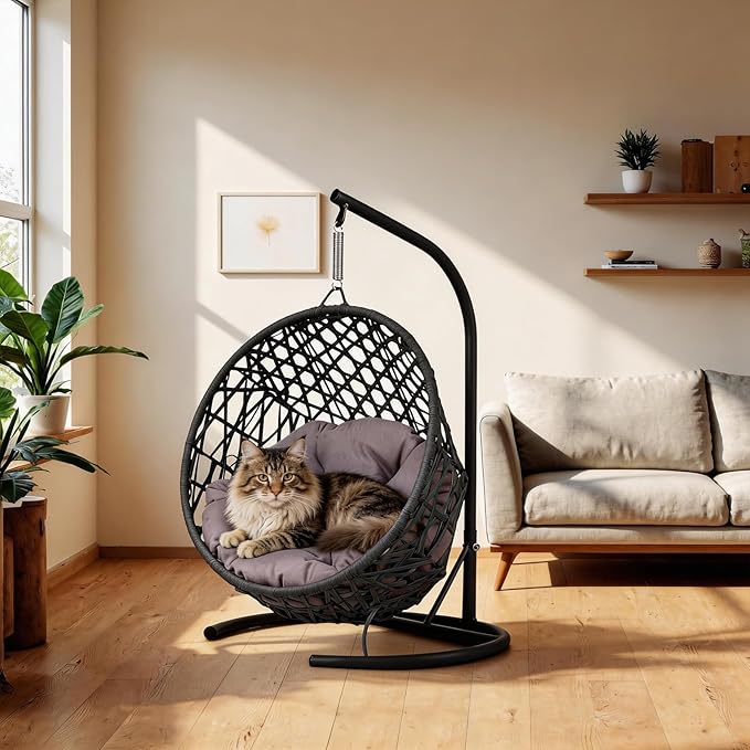 Hanging Cat Swing Bed with Stand & Cushion – Rattan Wicker Egg Chair for Cats, Small Dogs & Pets, Indoor Swinging Bed, Cozy Resting Spot, Modern Design (Gray)